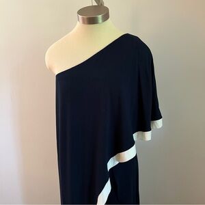 Zen-knits navy and white one shoulder drape wide leg jumpsuit